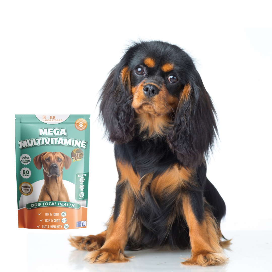 A cocker spaniel with a bag of K9 laboratories megamultivitamine chews